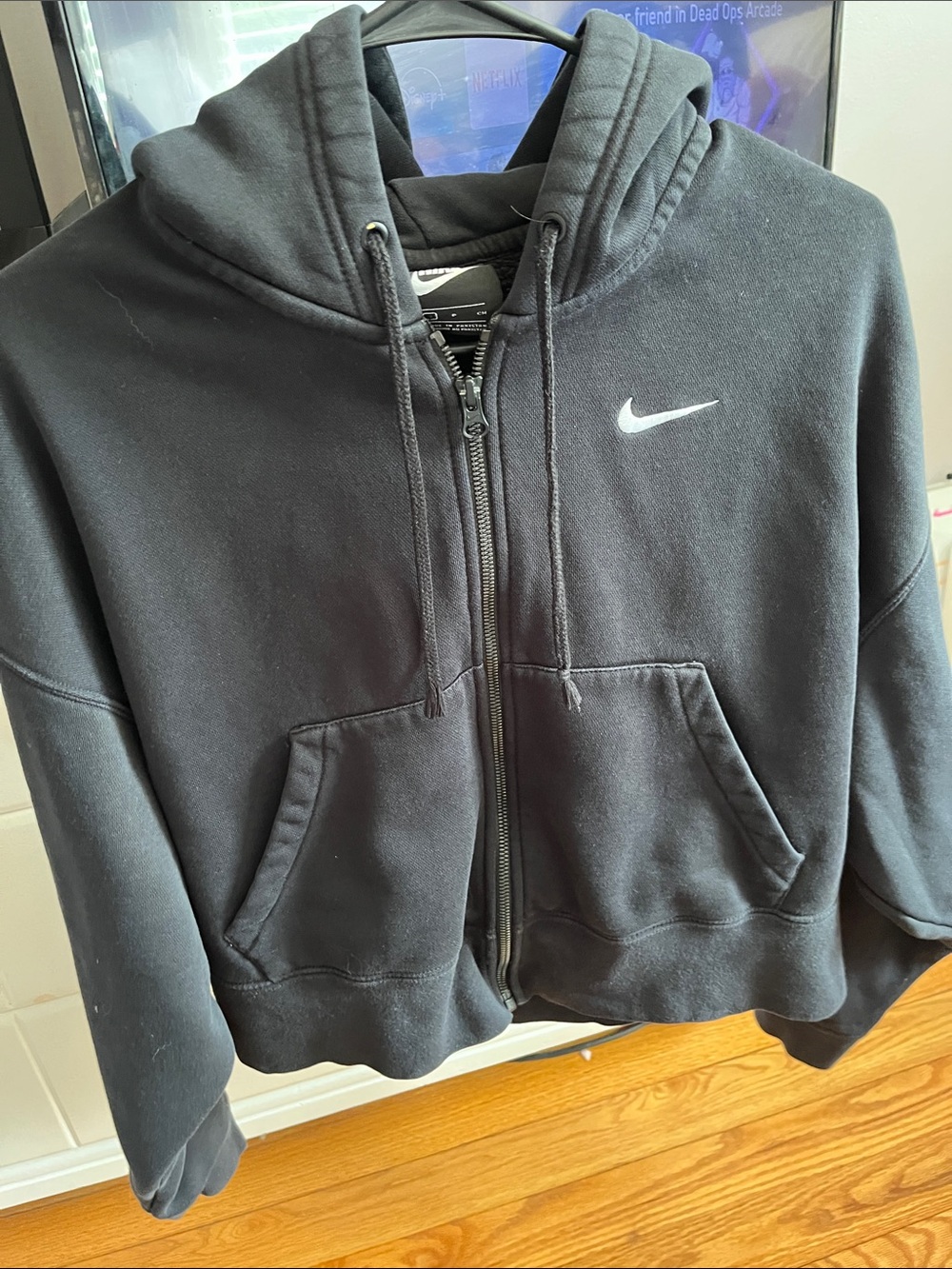 Nike cropped Black Zip-Up Hoodie with White Swoosh